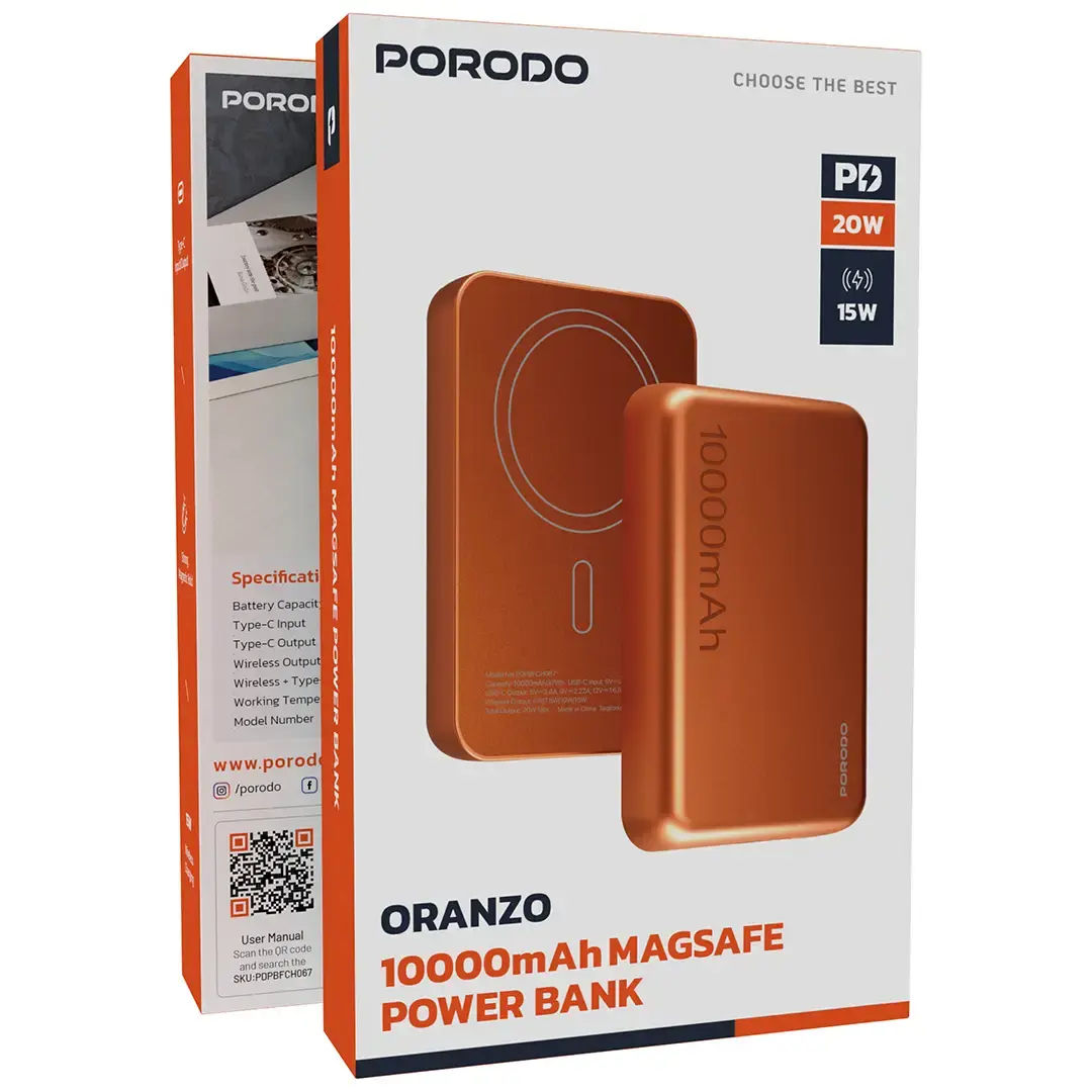Porodo 10000mAh MagSafe Power Bank, Orange