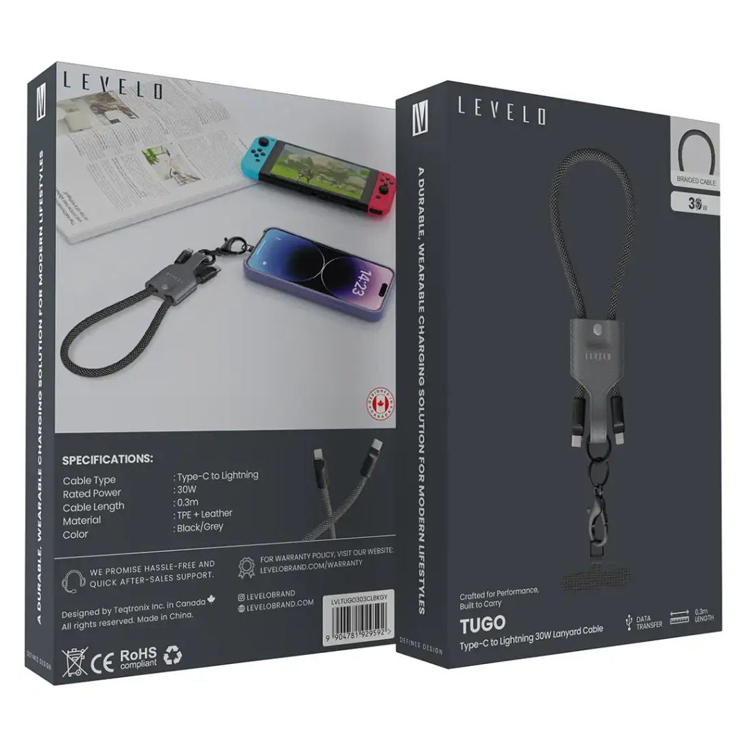 Levelo Tugo Type C to Lightning 30W Lanyard Cable, Gray