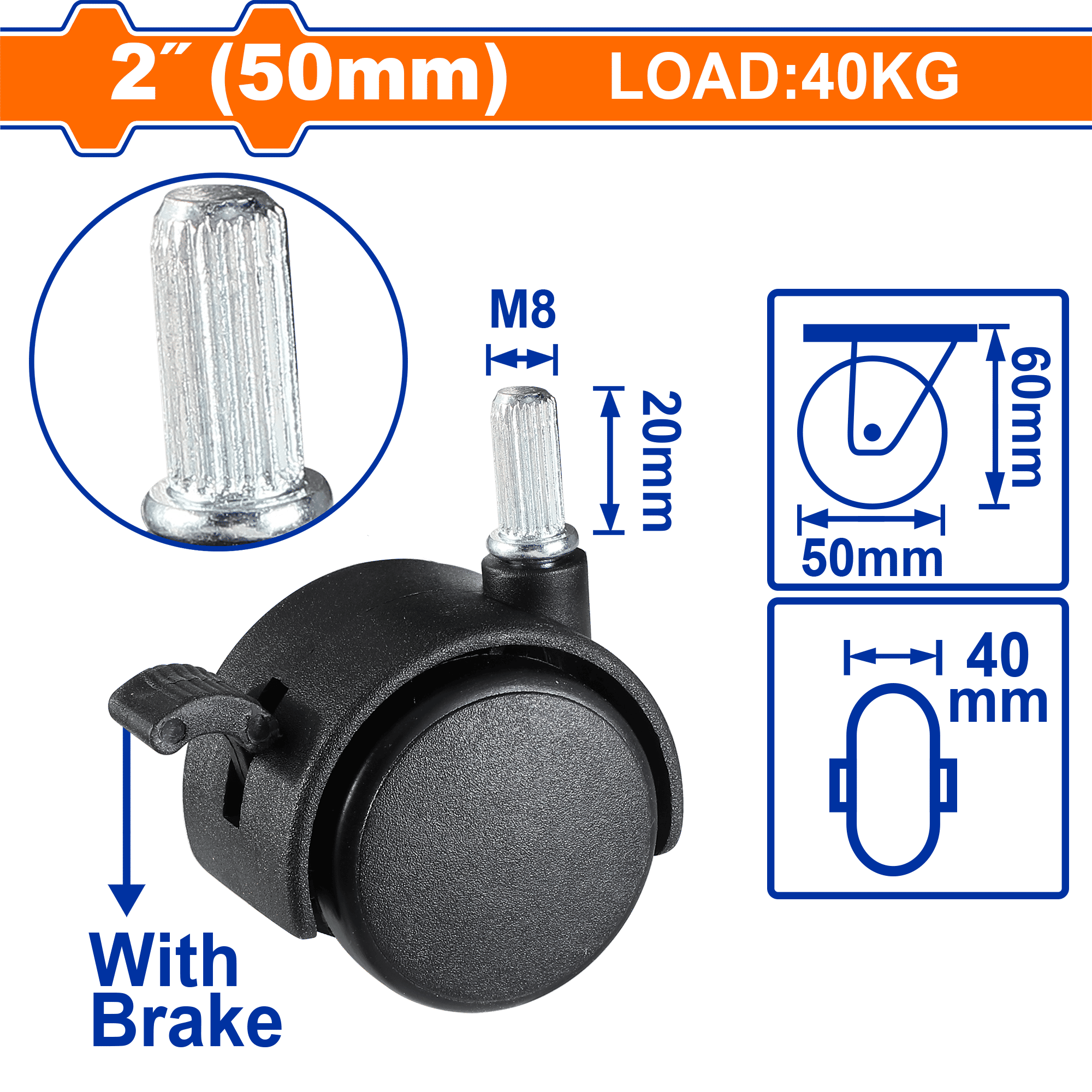 عجلات نايلون WADFOW، مادة PA شديدة التحمل، خيارات تركيب متعددة، مع/بدون فرامل