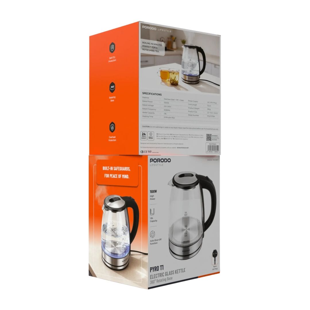 Porodo Lifestyle Pyro T1 Electric Glass Kettle, Clear