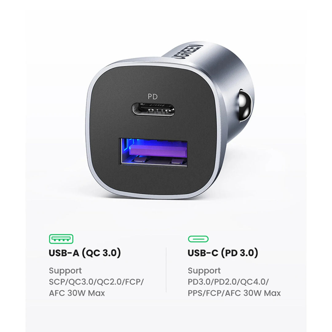 UGREEN CD130 52.5W Dual Port Car Charger with USB-C PD and USB-A QC Fast Charging