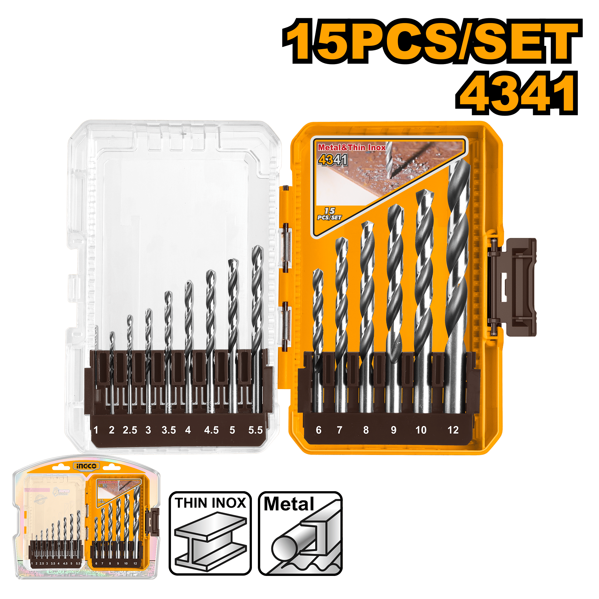 INGCO 15-Pieces HSS Drill Bit Set 1-12mm Metal Drill Bits