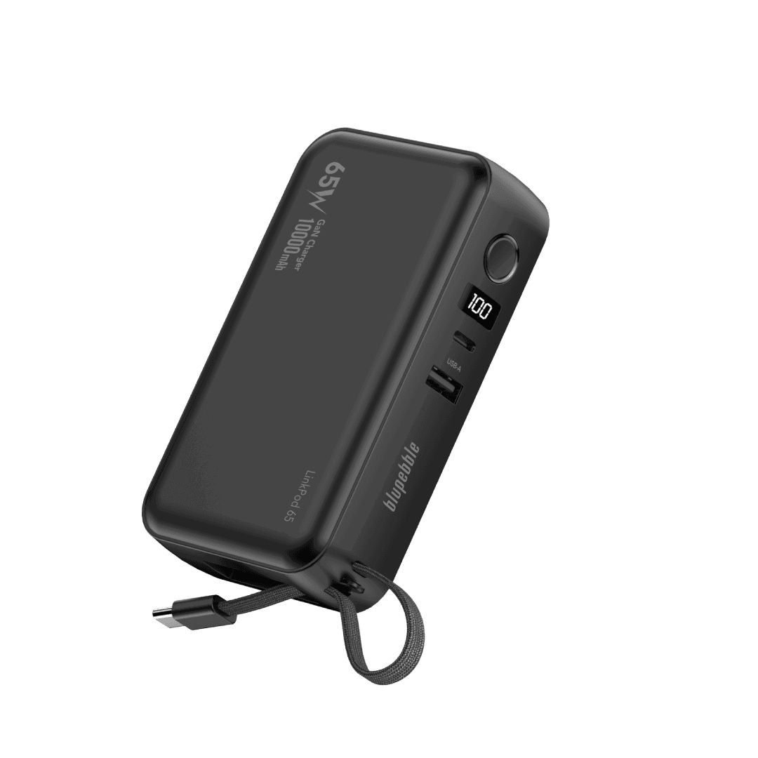 Blupebble LinkPod 65 10000mAh Power Bank & 65W Fast Charger with Retractable Type-C Cable, Black