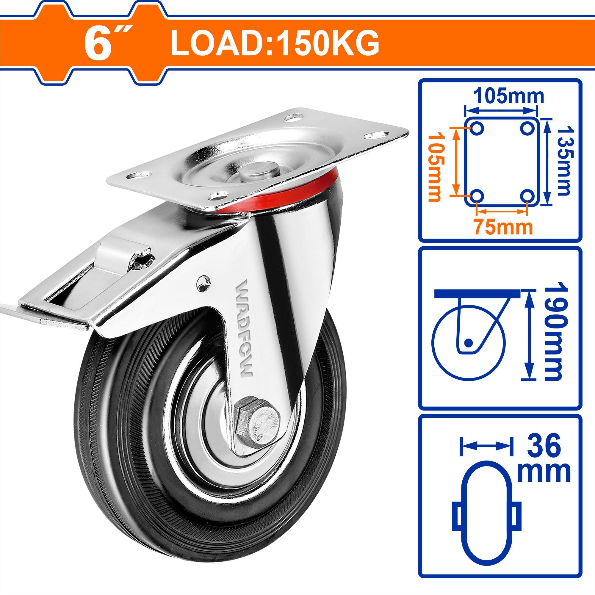 WADFOW Heavy, Duty Caster Wheels, Rigid / Swivel / Swivel with Brake, Steel & Rubber