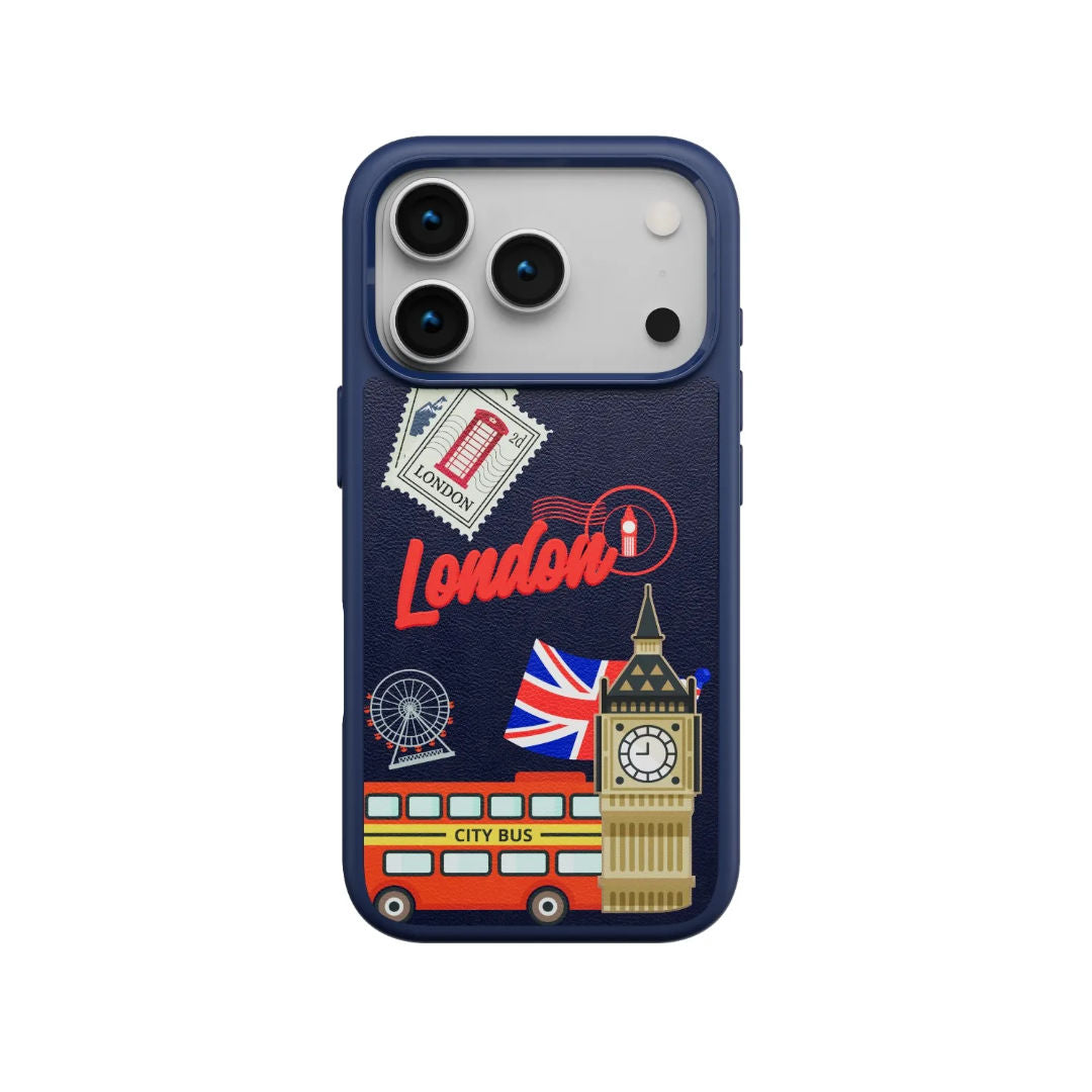 Levelo Vallo PU Leather Case for iPhone 17 Pro/Pro Max With London Embroidery Design