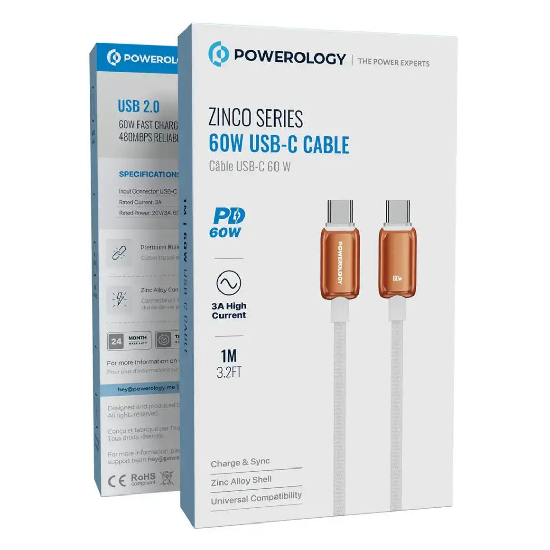 Powerology Zinco Series 60W USB-C, 1M Charging Cable
