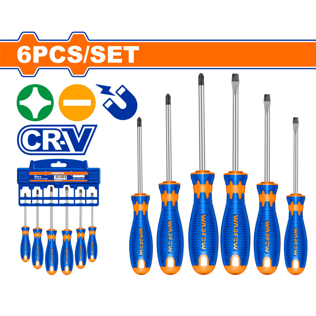 WADFOW 6-Piece Screwdriver Set, Cr-V Steel, Round Shank, SL & PH Tips, Plastic Hanger