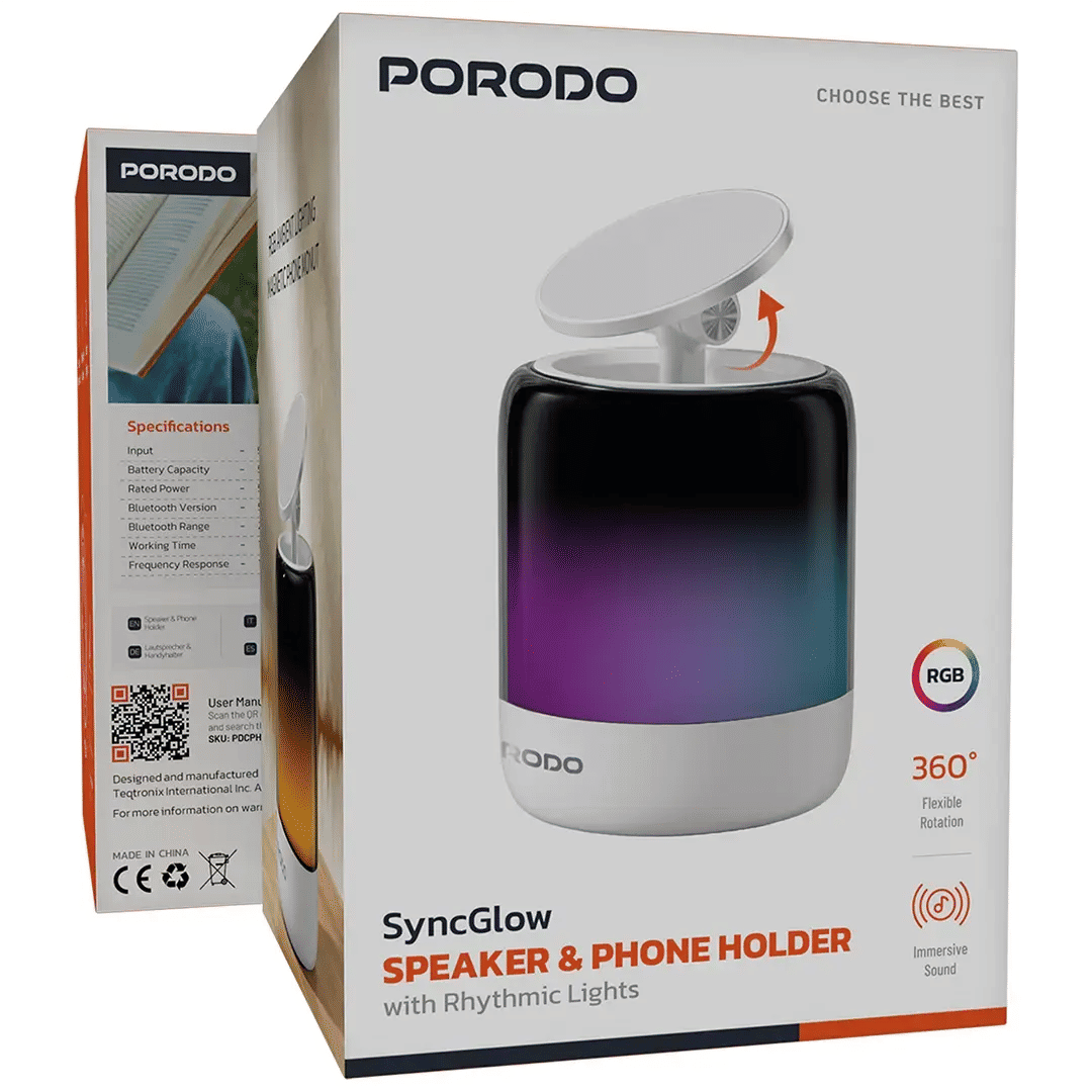 Porodo SyncGlBluetooth Speaker & Magnetic Phone Holder, Rhythmic Lights, 360° Rotation, 5W, White
