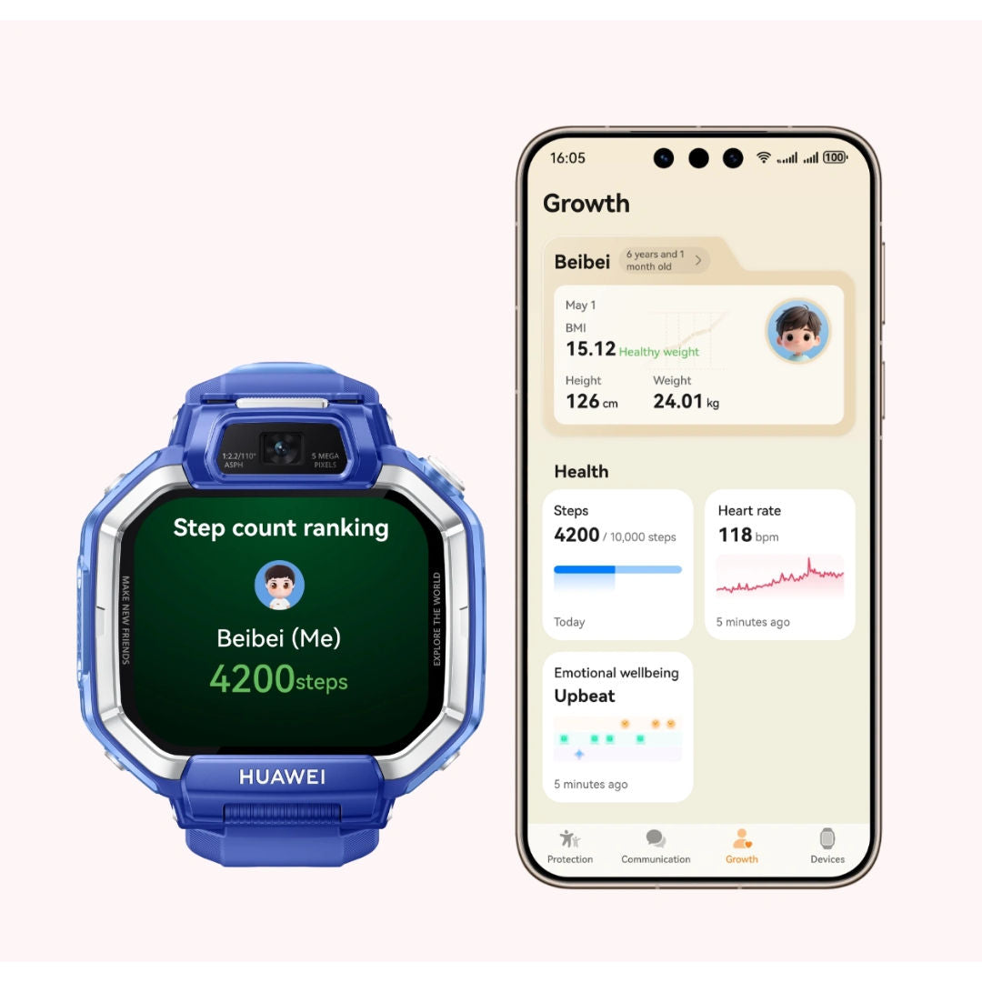 ساعة «Huawei Watch KIDS X1» الذكية - تصميم قابل للدوران 360 درجة، تحديد الموقع عبر نظام GPS، مكالمات الفيديو، كاميرات مزدوجة، شاشة AMOLED مقاس 1.82 بوصة