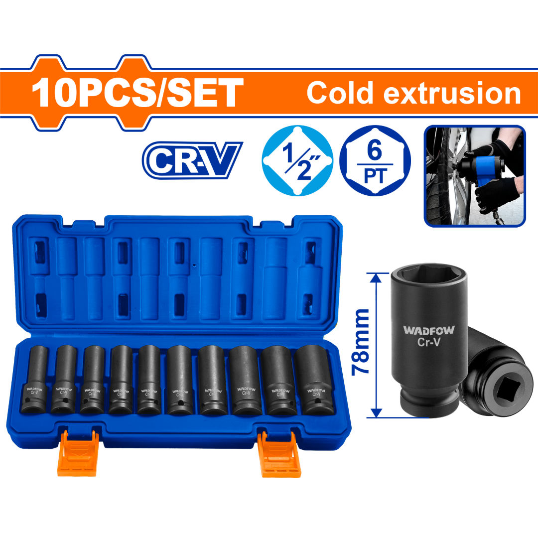 مجموعة مفكات عميقة WADFOW 10 قطع 1/2 بوصة، 10/12/13/14/15/17/19/21/22/24 مم، L 78 مم، Cr-V