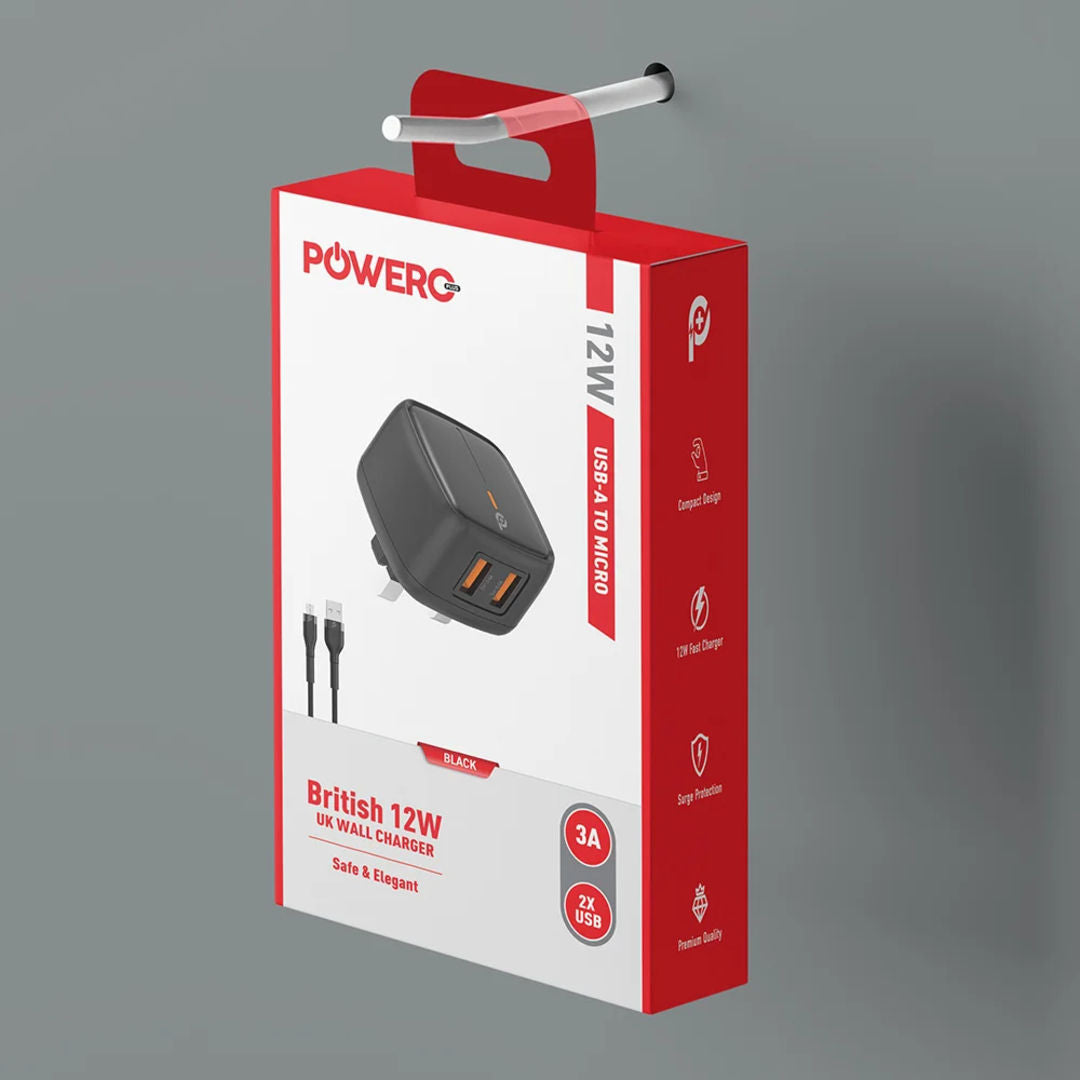 Powero Plus British 12W UK Wall Charger with USB-A to Micro Cable, Black