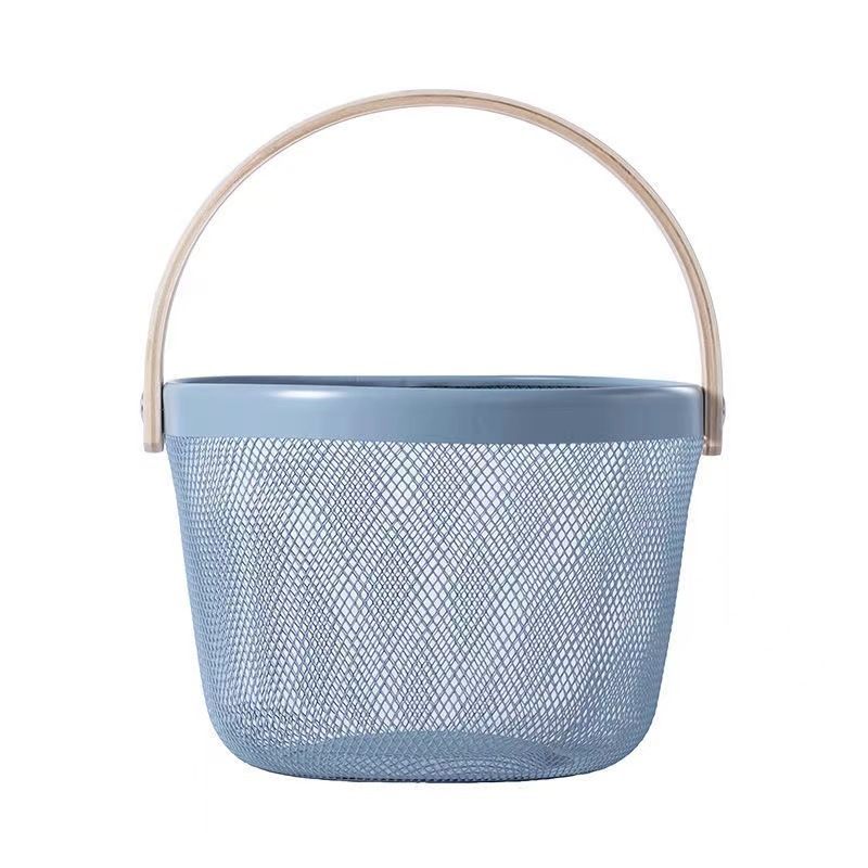 Round Wire Mesh Storage Basket with a Wooden Handle (Purple)