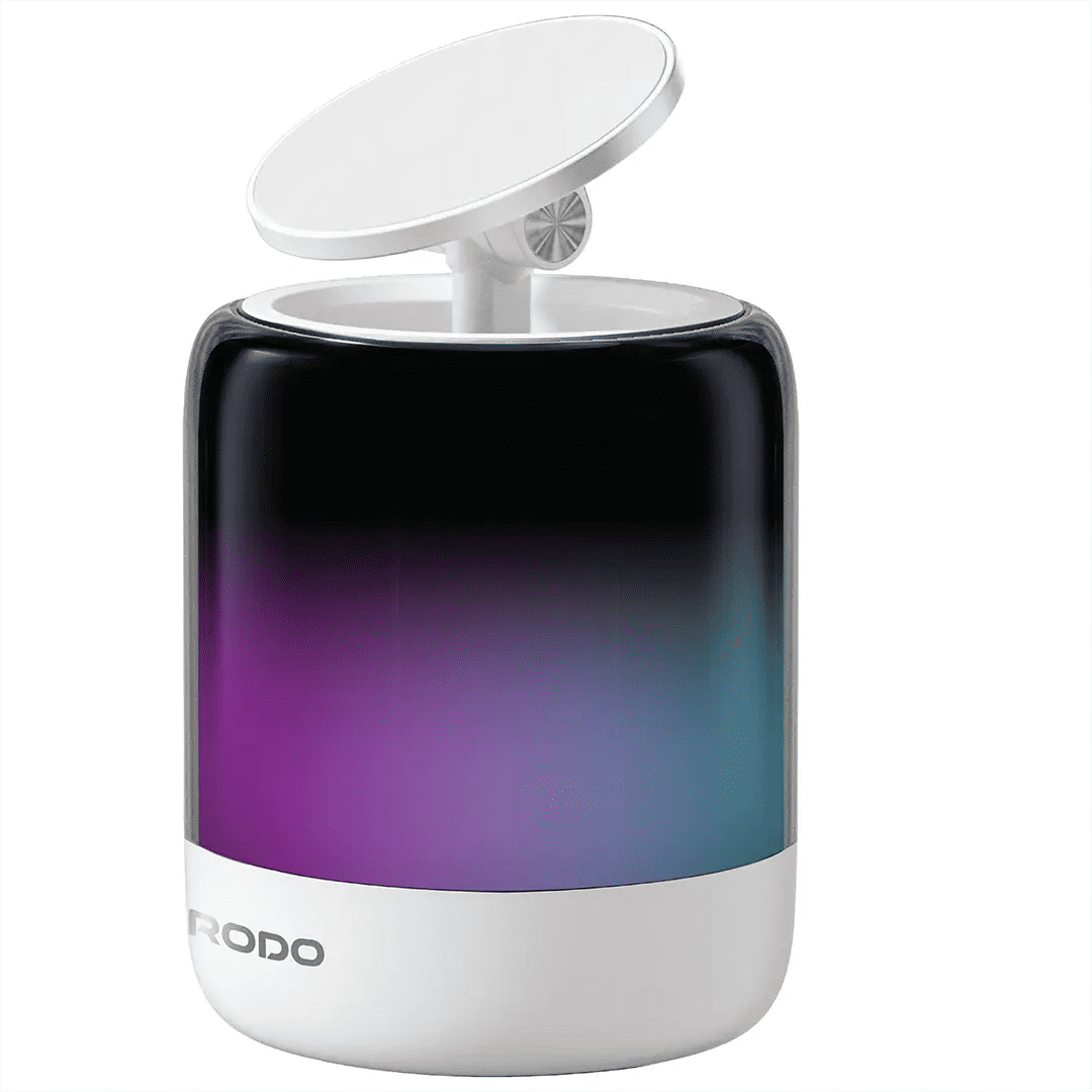 Porodo SyncGlBluetooth Speaker & Magnetic Phone Holder, Rhythmic Lights, 360° Rotation, 5W, White