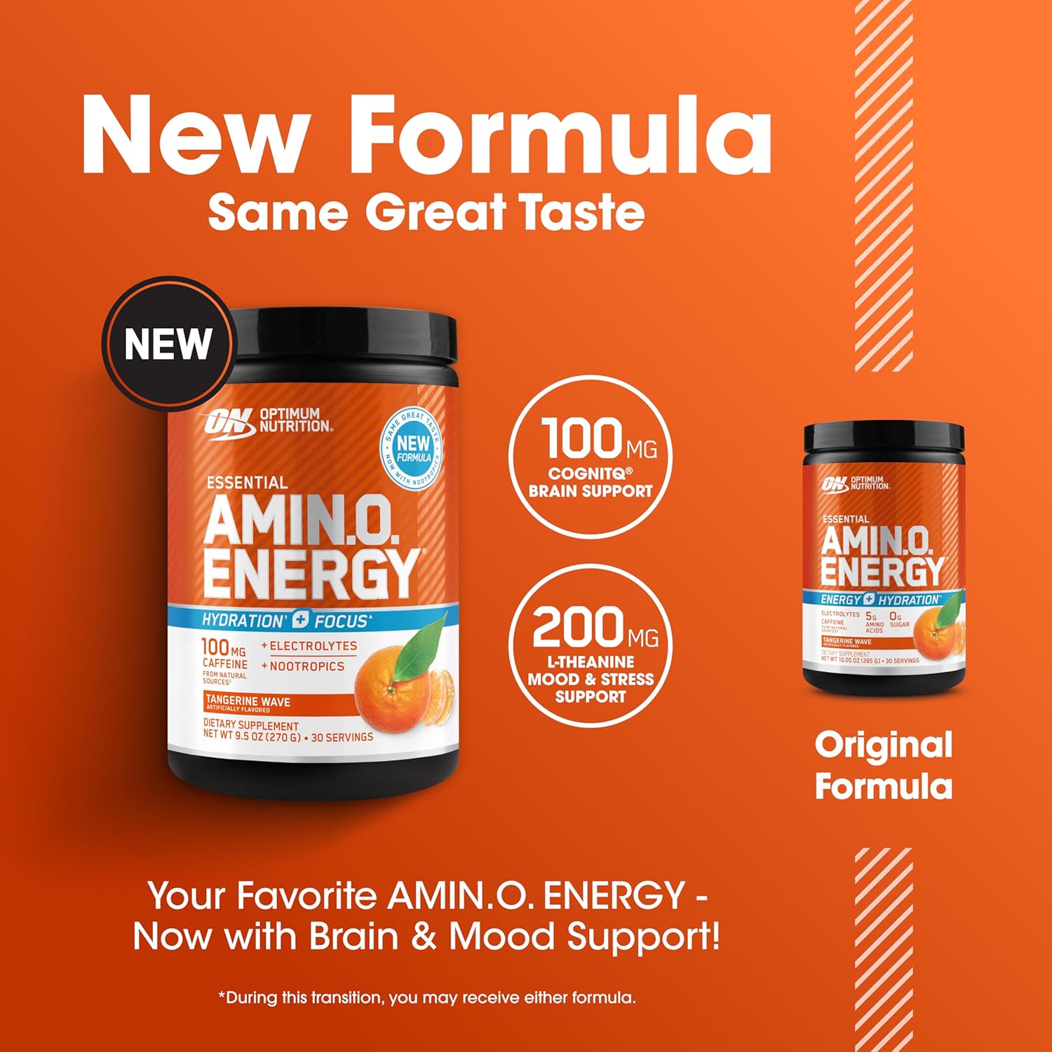 Optimum Nutrition Amino Energy Powder Plus Hydration, with BCAA, Electrolytes, and Caffeine, Tangerine Wave, 30 Servings