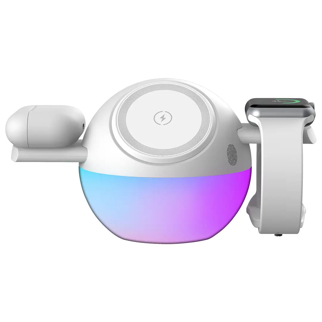 Porodo Orbix 3-In-1 Wireless Charger with Adjustable Ambient Light, White
