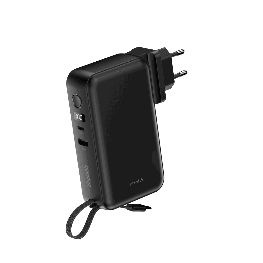 Blupebble LinkPod 65 10000mAh Power Bank & 65W Fast Charger with Retractable Type-C Cable, Black