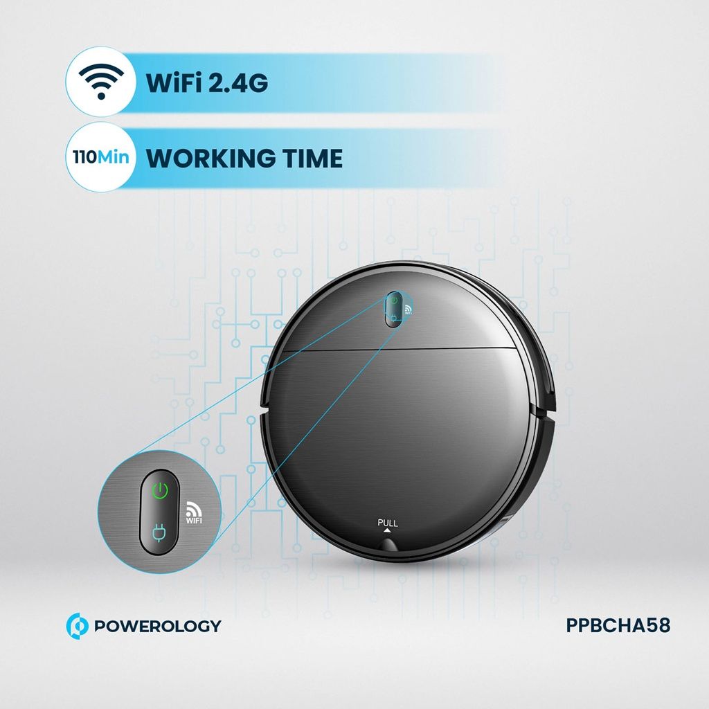 Powerology Smart Robovac Vacuum & Mop, Wi-Fi Control, Black