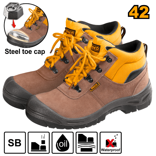INGCO Safety Boots, Steel Toe Cap, Split Leather Upper, Dual Density PU Sole