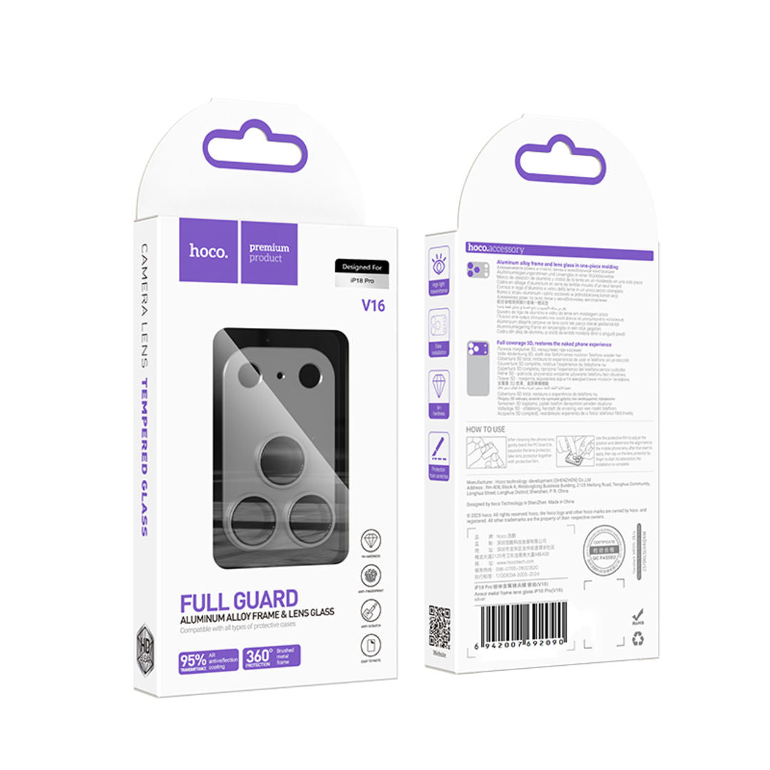 Hoco V16 Armor Metal Integrated Lens Glass for iPhone 18 Pro, 3D Full Coverage, Aluminum Alloy Protection