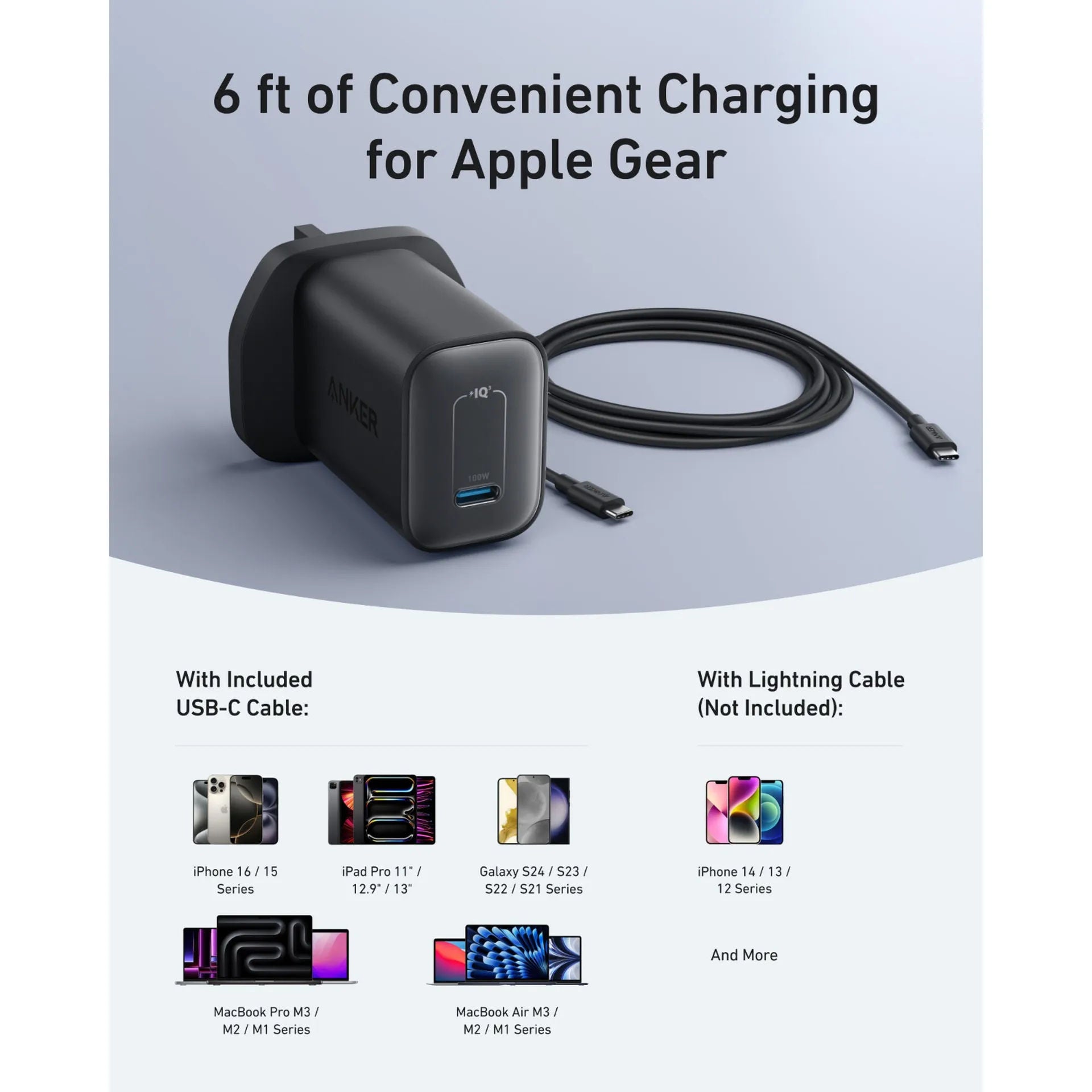 شاحن Anker Nano بقوة 100 واط مع كابل USB-C بطول 6 أقدام، وشحن سريع عبر PD، ومقبس بريطاني صغير الحجم، B2679K11