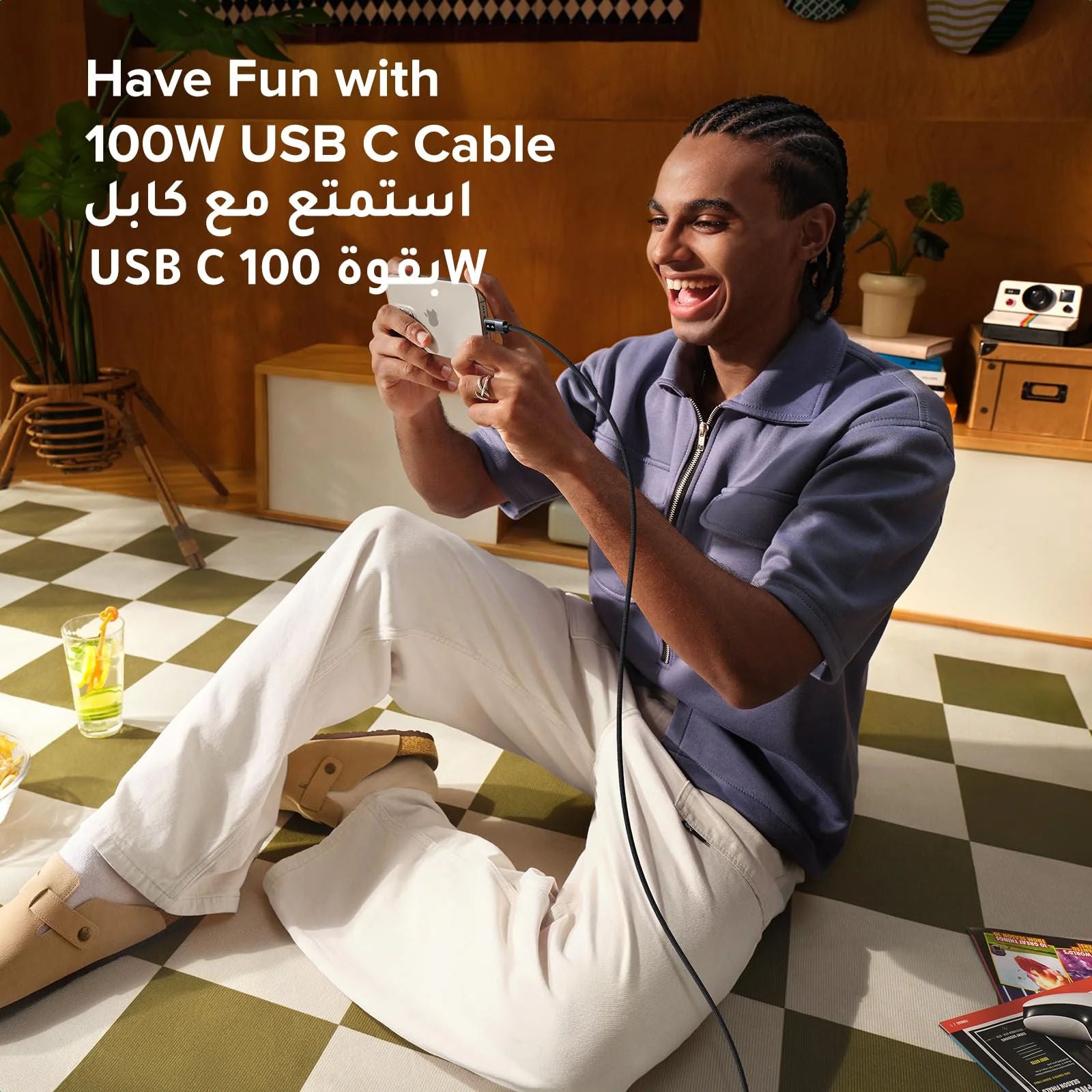 كابل UGREEN L509 Uno المضفر للشحن السريع عبر PD بقدرة 100 واط من USB-C إلى USB-C مزود بشاشة LED ذكية