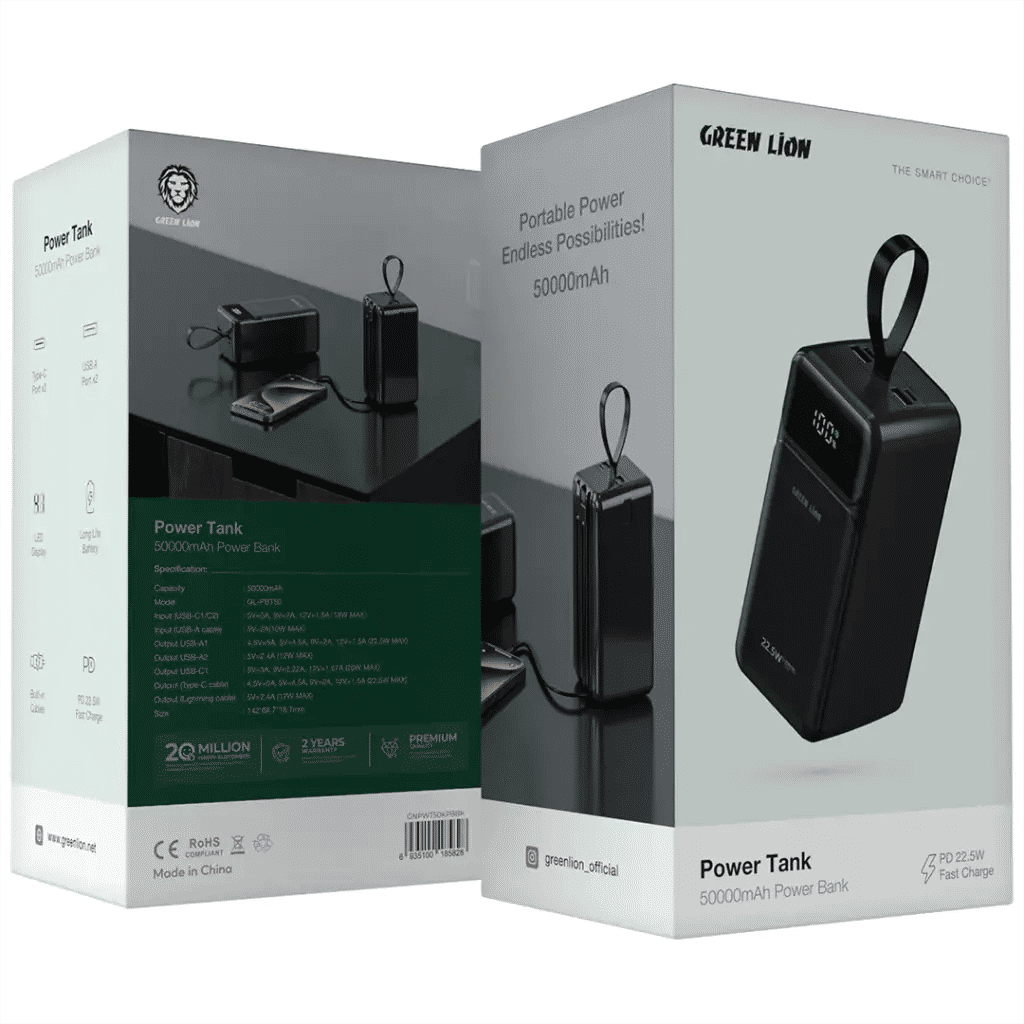 Green Lion Power Tank 50000mAh Power Bank with Built-in Cables, 22.5W Fast Charging & Display, Black