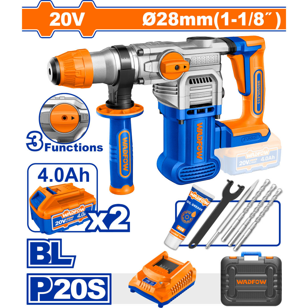مطرقة دوارة لاسلكية بدون فرشات WADFOW 20V، SDS Plus، 4.5 جول، 28 مم للخرسانة