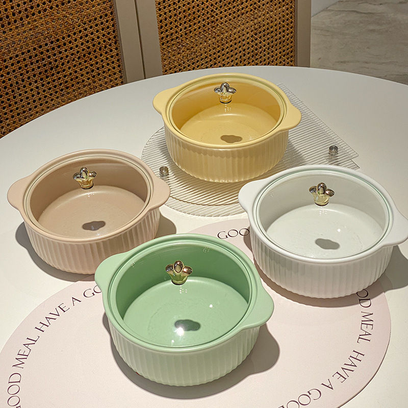 Charming Ribbed Ceramic Serving Bowls with Lids (Light Brown)