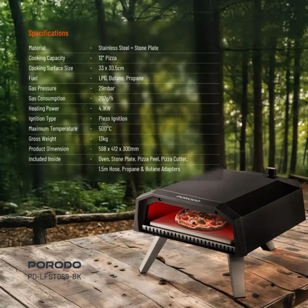 Porodo Lifestyle Pizza Outdoor Oven, 12", Black