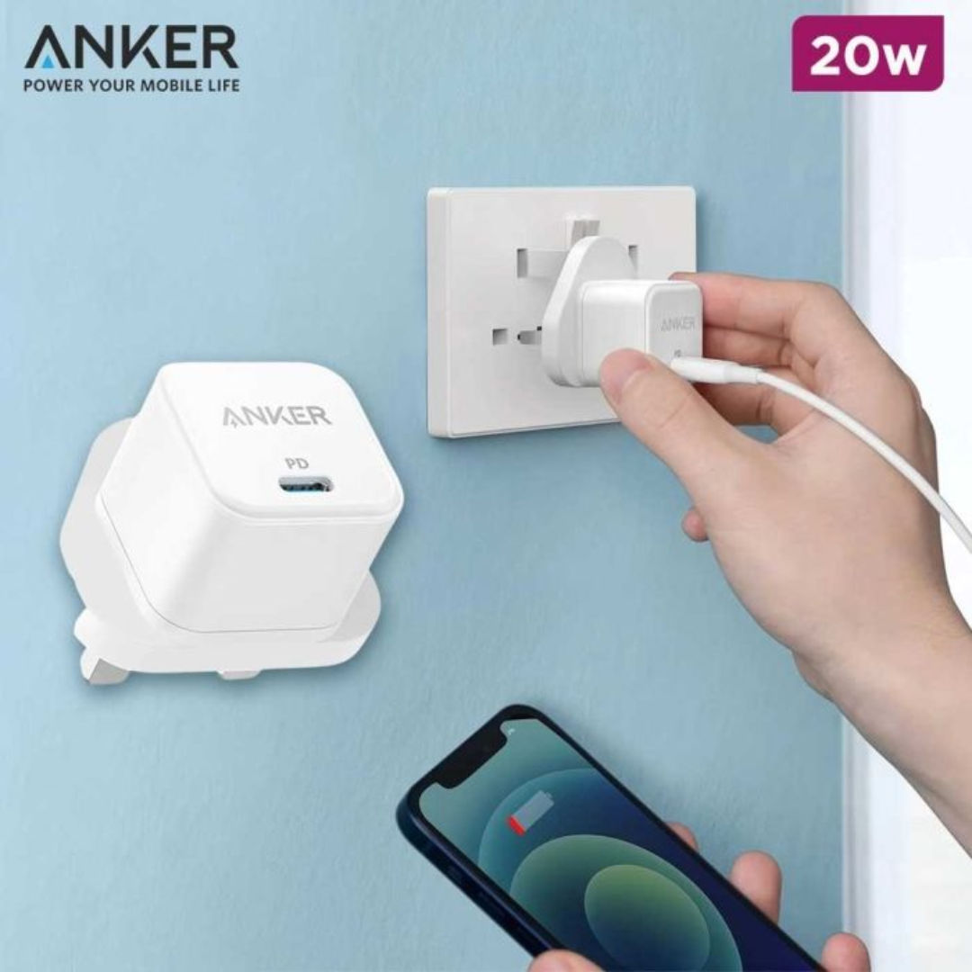 شاحن Anker PowerPort III بقدرة 20 واط ومزود بمنفذ USB-C، مكعب شحن سريع بتقنية PD، تصميم مدمج