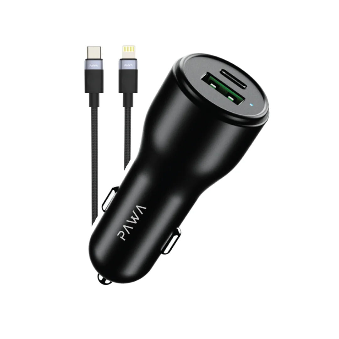 Pawa Solid Car Charger Dual Port PD+QC 51W With USB-C To Lightning Cable, Black