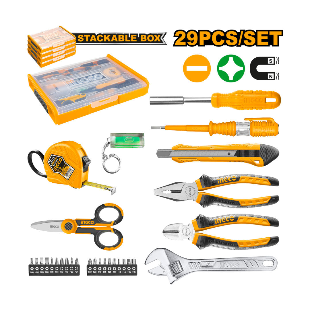 INGCO 29-Piece Household Tool Set, Pliers, Adjustable Wrench, Knife, Tape, Spirit Level & Bit Set, Stackable Box
