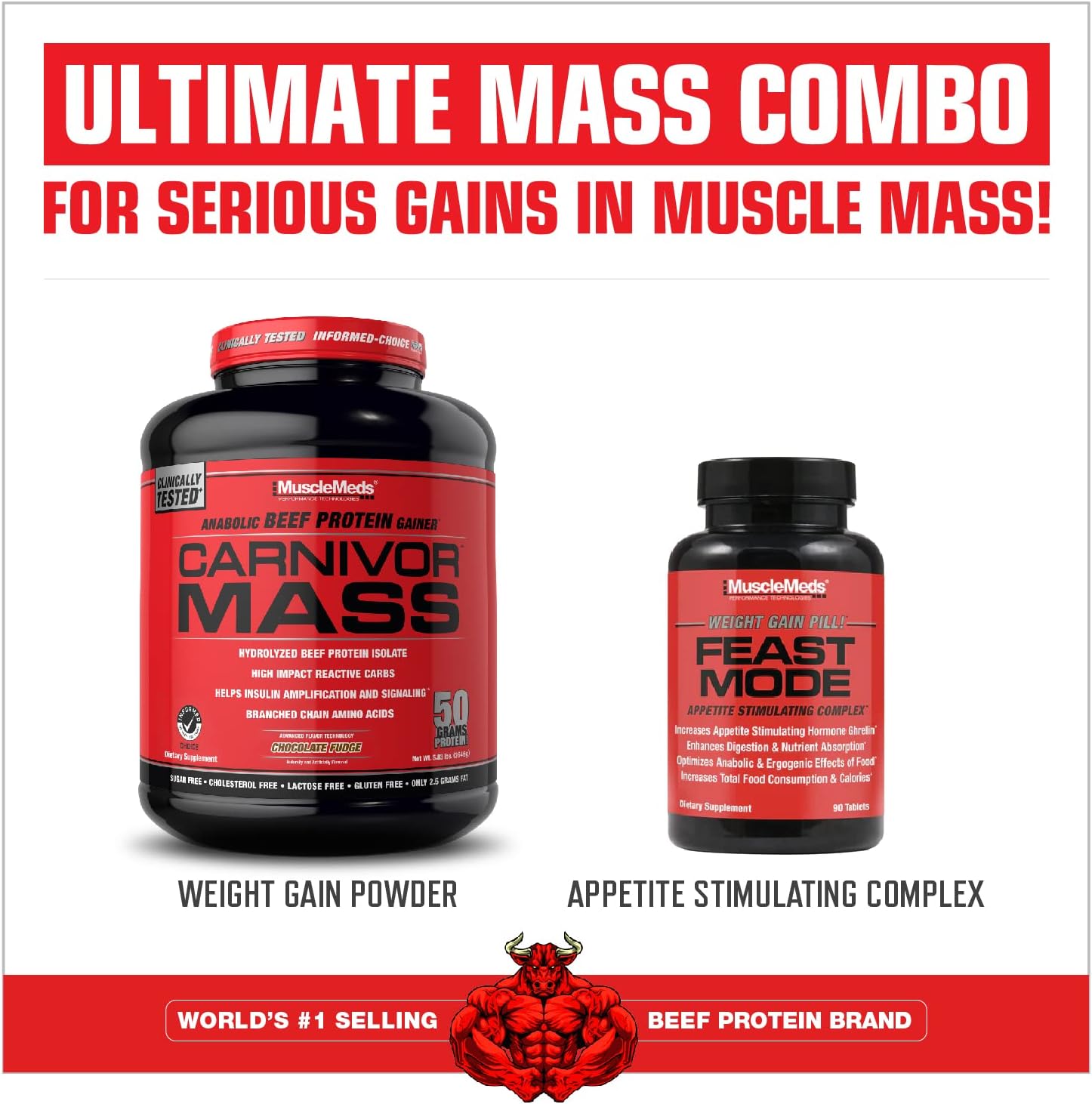 Carnivor Mass, Anabolic Beef Protein Gainer, Chocolate Fudge, 5.83 lbs, 2,646 gm
