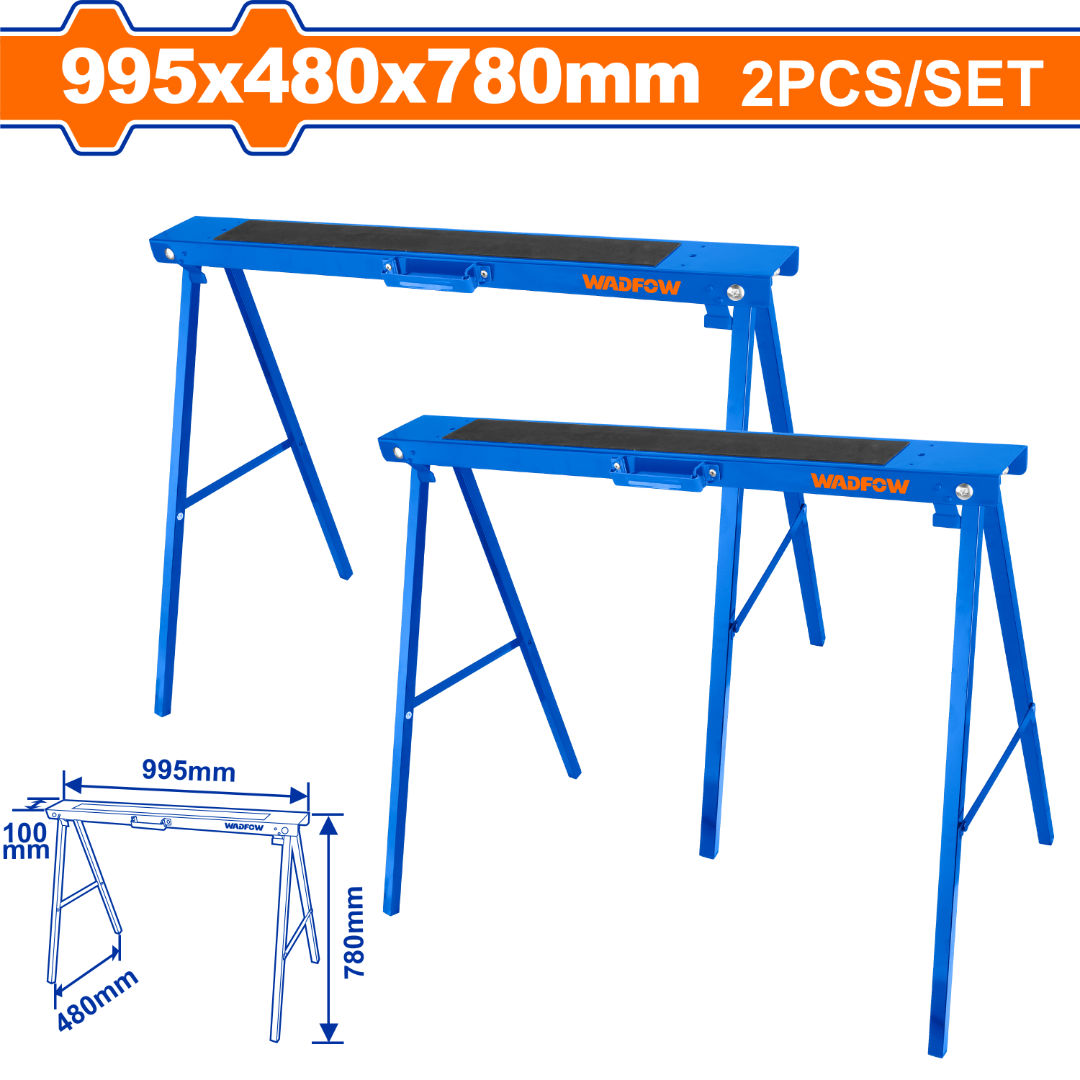 WADFOW Sawhorse Set, 2pcs Steel Sawhorses, Load 100kg, Open 995×480×780mm, Folded 995×100×36mm