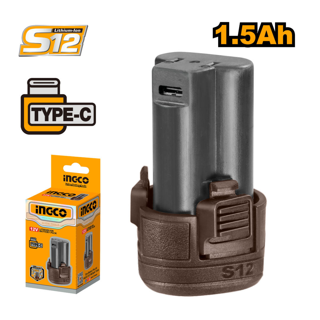 INGCO Li-ion Battery Pack, 12V, 1.5Ah,  USB-C charging, Fits S12 Tools