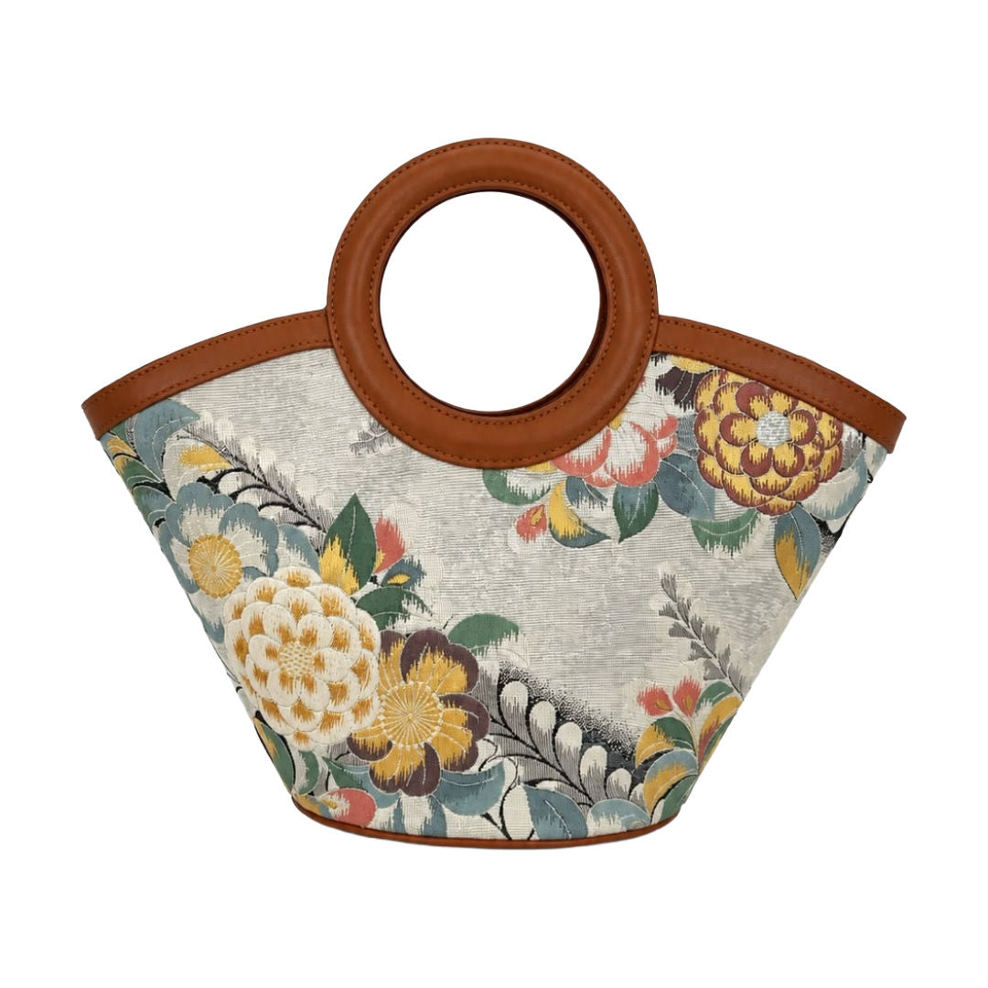 Jamila Designer Mulberry Silk Light Grey Tote Bag, Floral Pattern with Round Handles