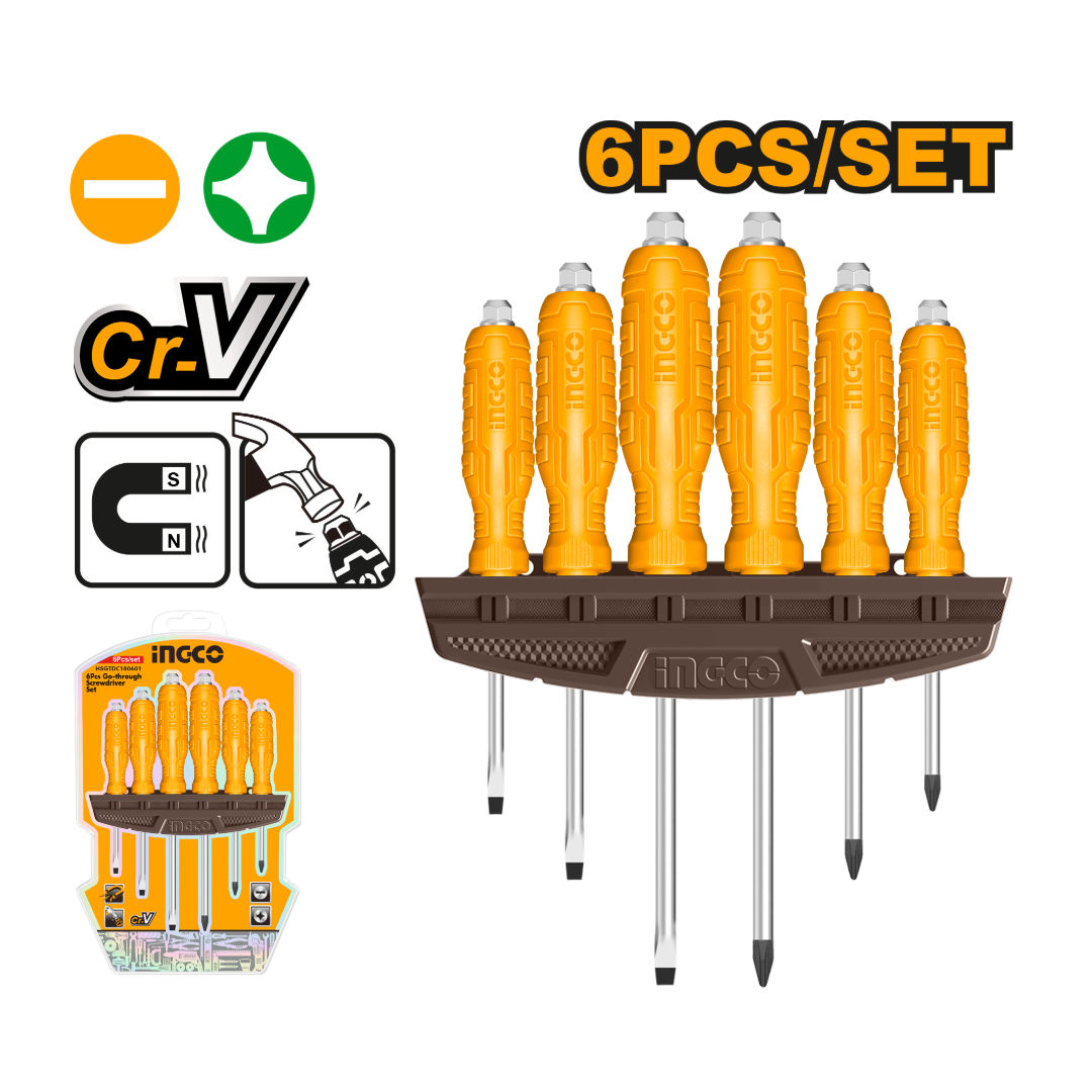 INGCO 6-Piece Go-Through Screwdriver Set, SL/PH, Cr-V Steel, Storage Frame, Double Blister