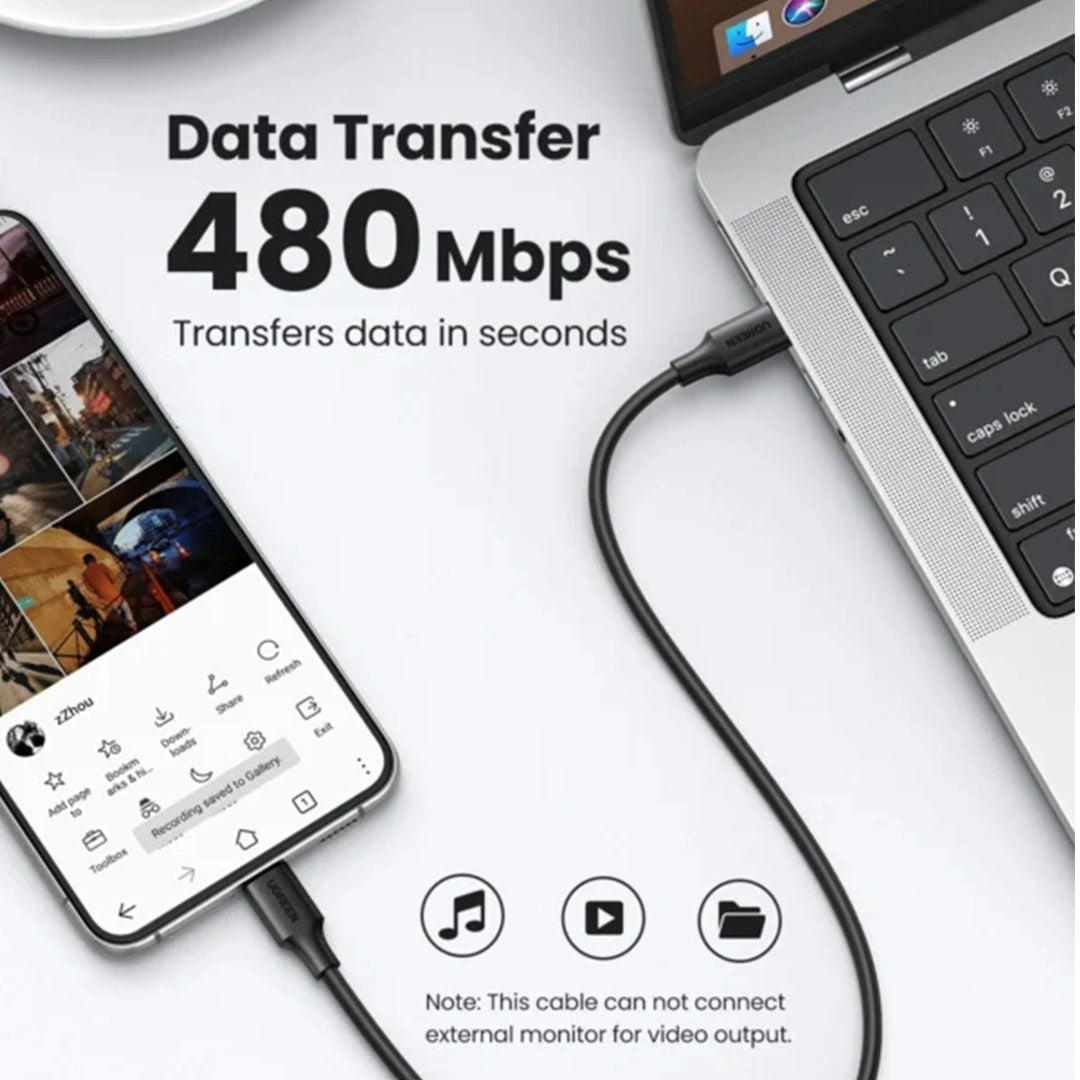 كابل UGREEN US286 المضفر للشحن السريع من USB-C إلى USB-C بقدرة 60 واط، بطول 2 متر