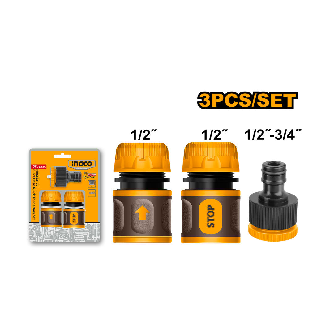 INGCO 3-Pieces Hose Quick Connector Set, ½" Connectors + ¾" Tap Adaptor & Reducer