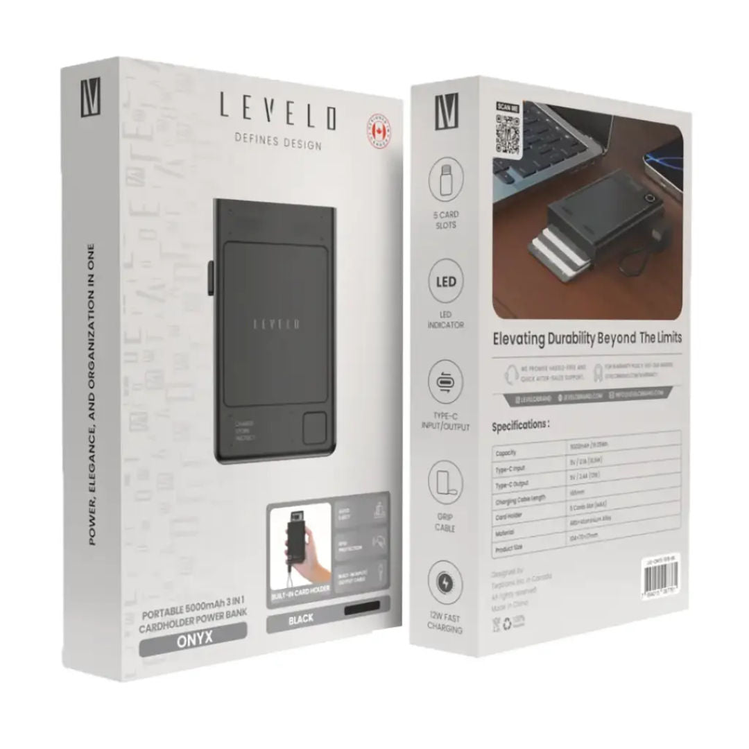 Levelo Onyx Portable 5000mAh 3 in 1 Cardholder Power Bank, 5 Card Slot