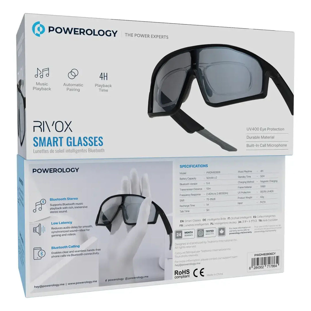 Powerology Rivox Smart Glasses, Magnetic Charging, Gray