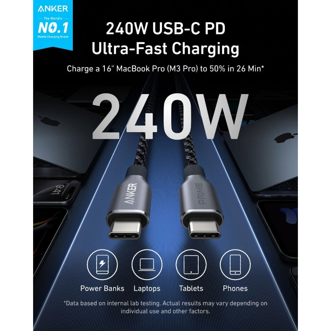 كابل Anker Prime من USB-C إلى USB-C، 240 واط، 3 أقدام، أسود، A88E2011