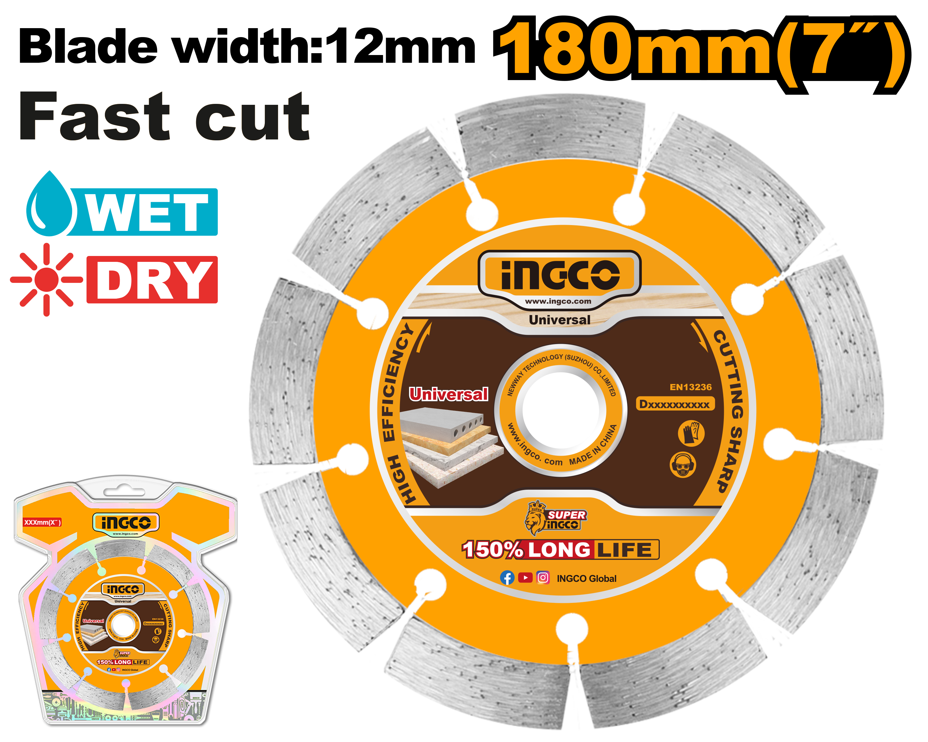 INGCO Diamond Cutting Disc 180mm Heavy Duty Blade