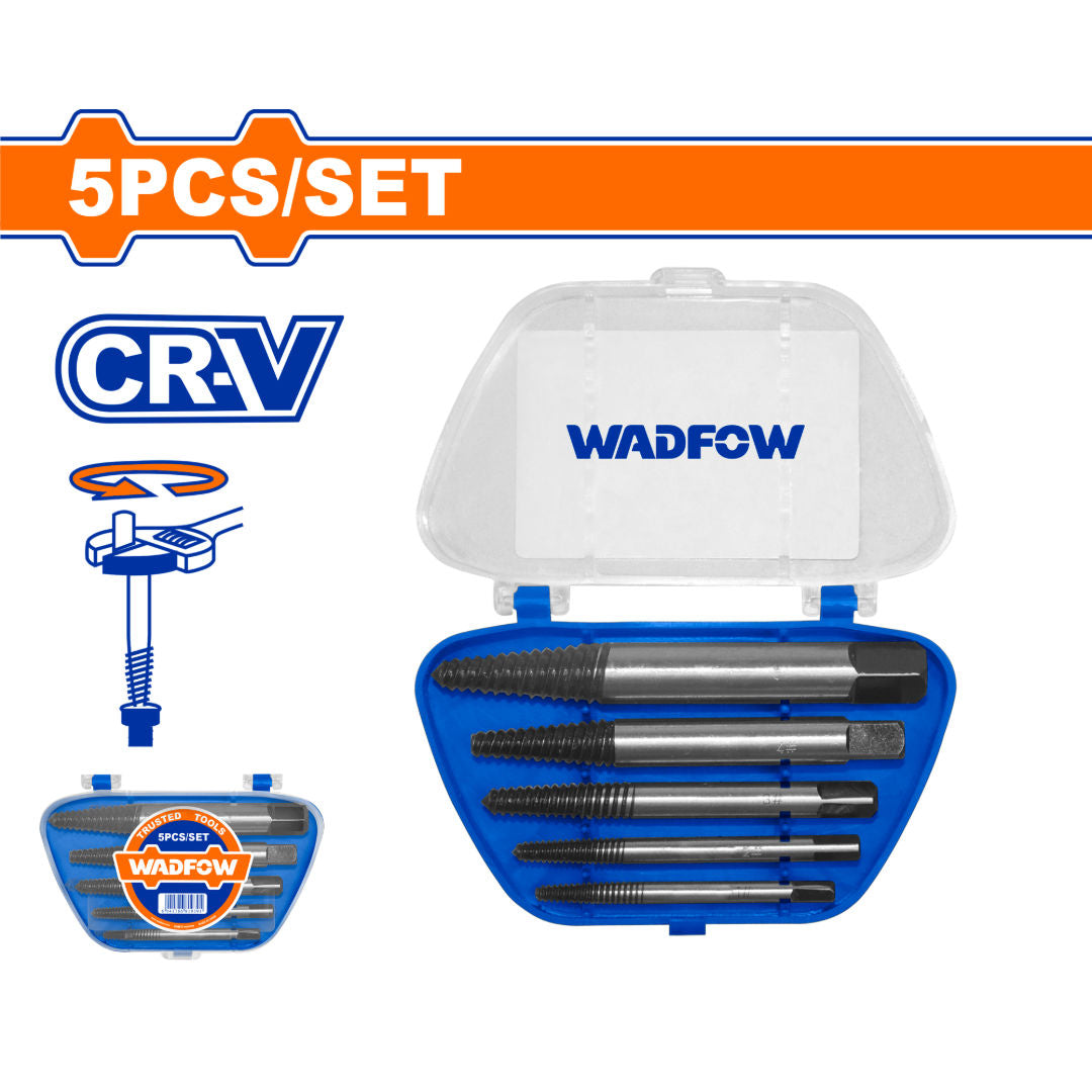 WADFOW Screw Extractor Set, 5 Pieces Cr-V, Coarse Thread, Plastic Box.