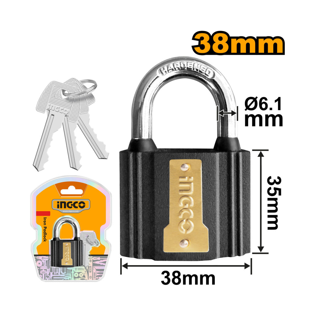 INGCO Iron Padlock, Brass Cylinder, 3 Keys, Waterproof Rubber Cover