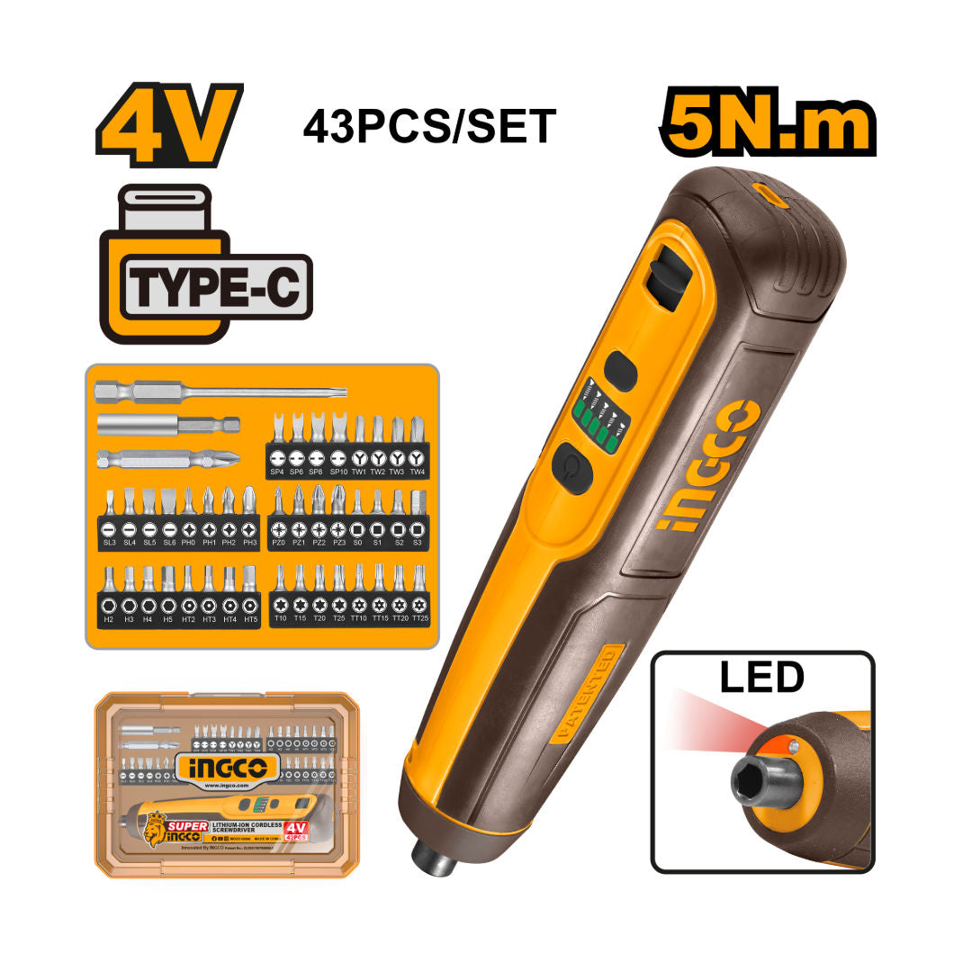 INGCO Cordless Screwdriver, LED Light, 4V, 1/4" Hex Shank, 240rpm