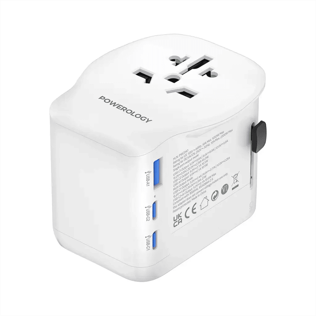 Powerology 2300W Universal Travel Adapter with 45W PD Fast Charging, GaN Technology
