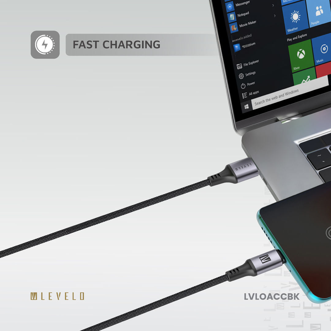 Levelo Otto USB A to C 18W Leather Cable, Black