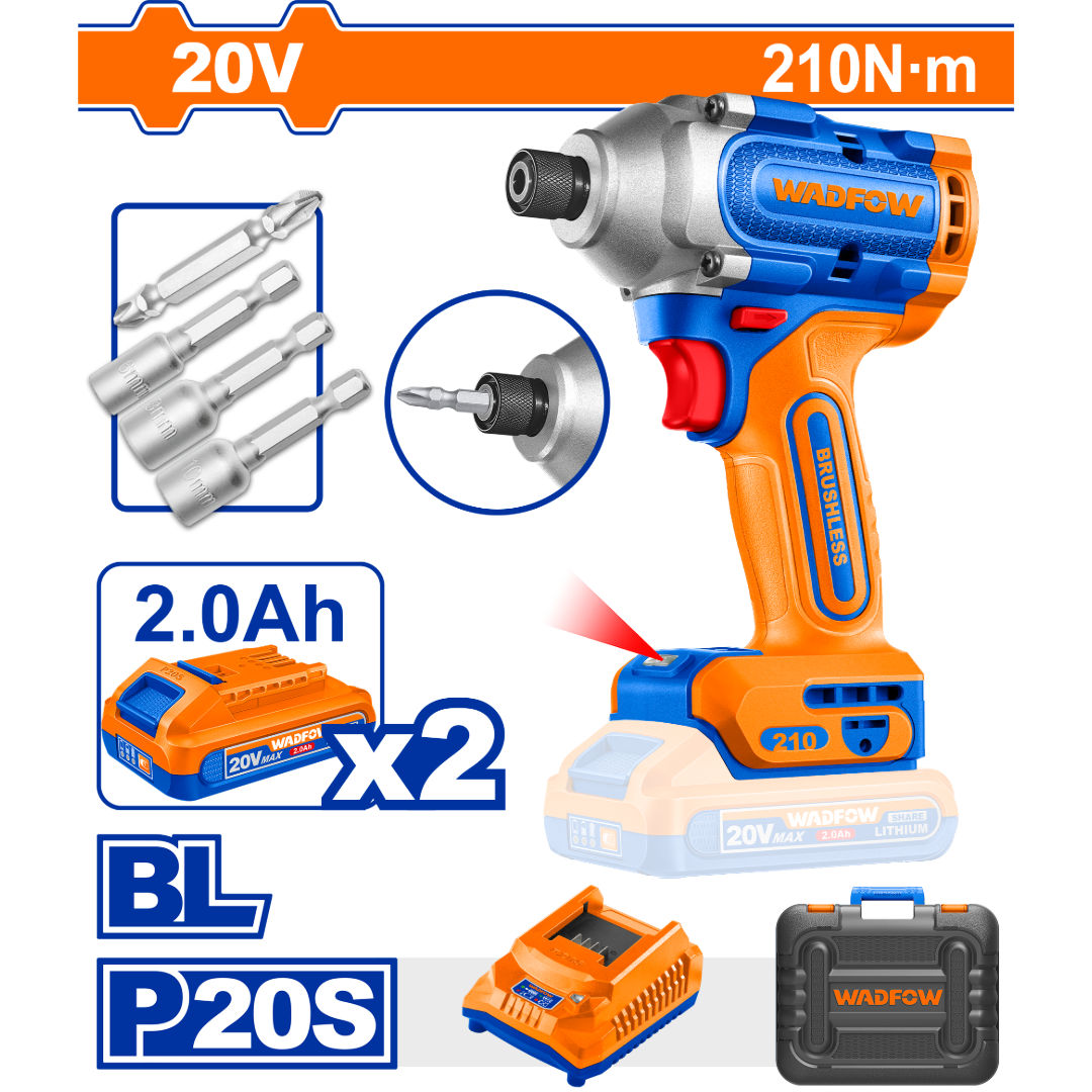 WADFOW Cordless Impact Driver, Hex Drive, with LED Light & Accessory Kit