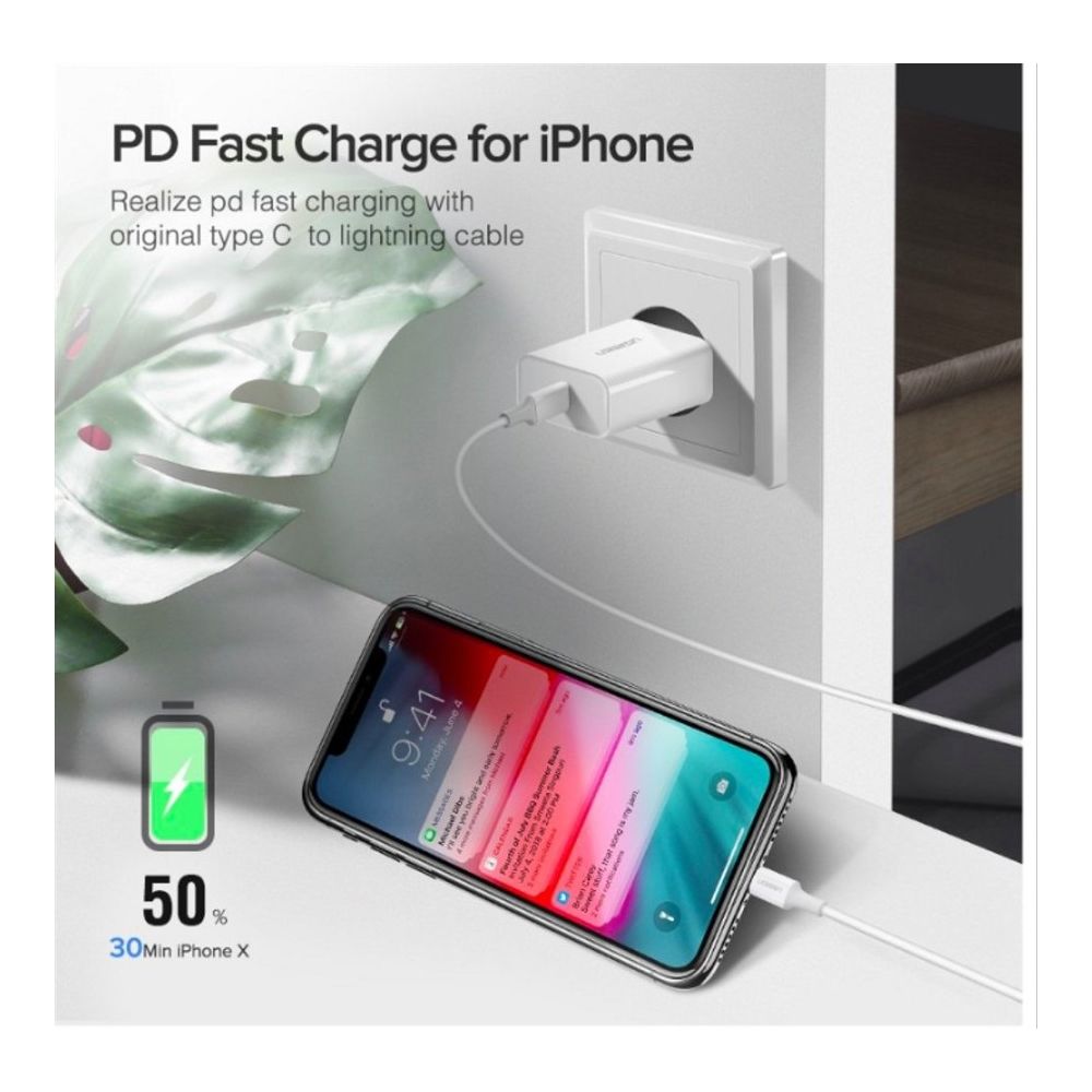 شاحن حائطي UGREEN CD137 بقدرة 20 واط مع منفذ USB-C لتزويد الطاقة، قابس الاتحاد الأوروبي، محول شحن سريع